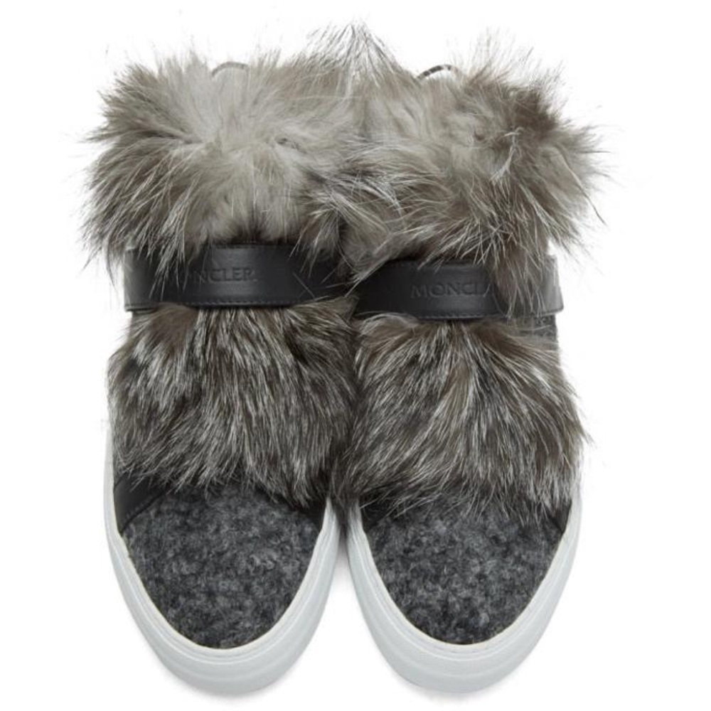 Moncler Black Leather and Brown Fur Detail Sneakers